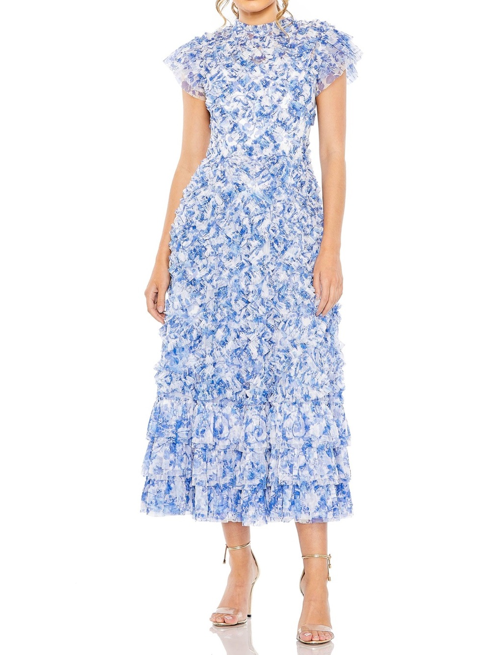 Mac Duggal Blue Floral Ruffle High Neck Cap Sleeve Dress Blue White Size 10 EUC